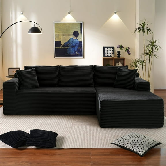 Muumblus Modular Sectional Sofa, Oversized L-Shape Cloud Couch, Modern Corduroy Sleeper Couches for Living Room, No Assembly Required, Black (Right Facing Chaise)