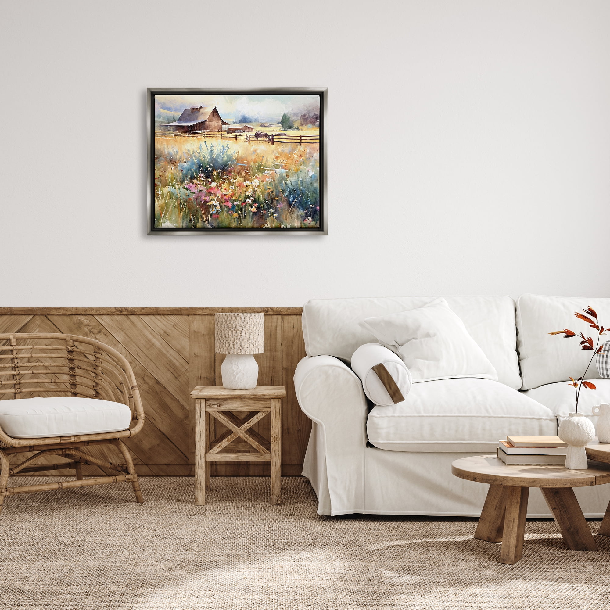 Stupell Industries Horse in Farmhouse Meadow Landscape Painting Gray Floater Framed Canvas Art Print Wall Art, 31 x 25
