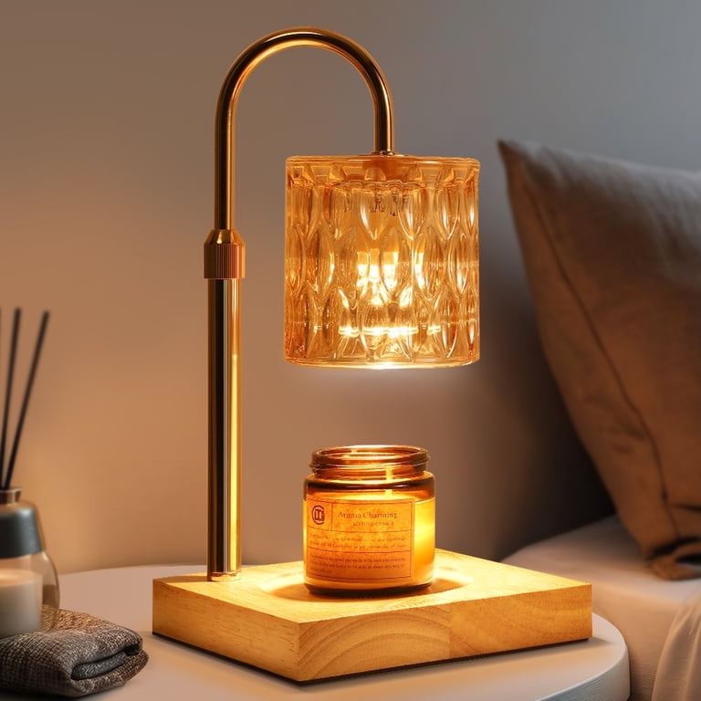 Grey Flower Glass Candle Warmer Lamp With Timer & Dimmer - Adjustable Height Wax Melter For Yankee, Bath & Body Works Jars (Wood Base)