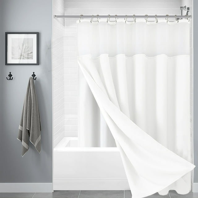Ensemble de Rideau de Douche Tissé 3 en 1 et Doublure Transparente avec 12 Crochets en Acier Inoxydable Double Face pour Salle de Bain en Tissu Polyester Robuste