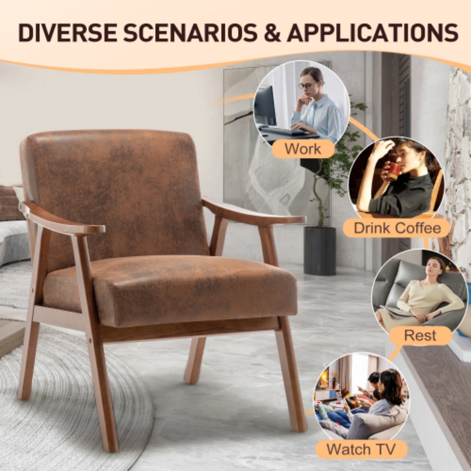 Mid-Century Modern Accent Chair, Upholstered Wingback Living Room Chair with Solid Rubber Wood Frame, Velvet Reading Chair with Thick Cushions for Bedroom, Lounge, Office, Indoor, Brown