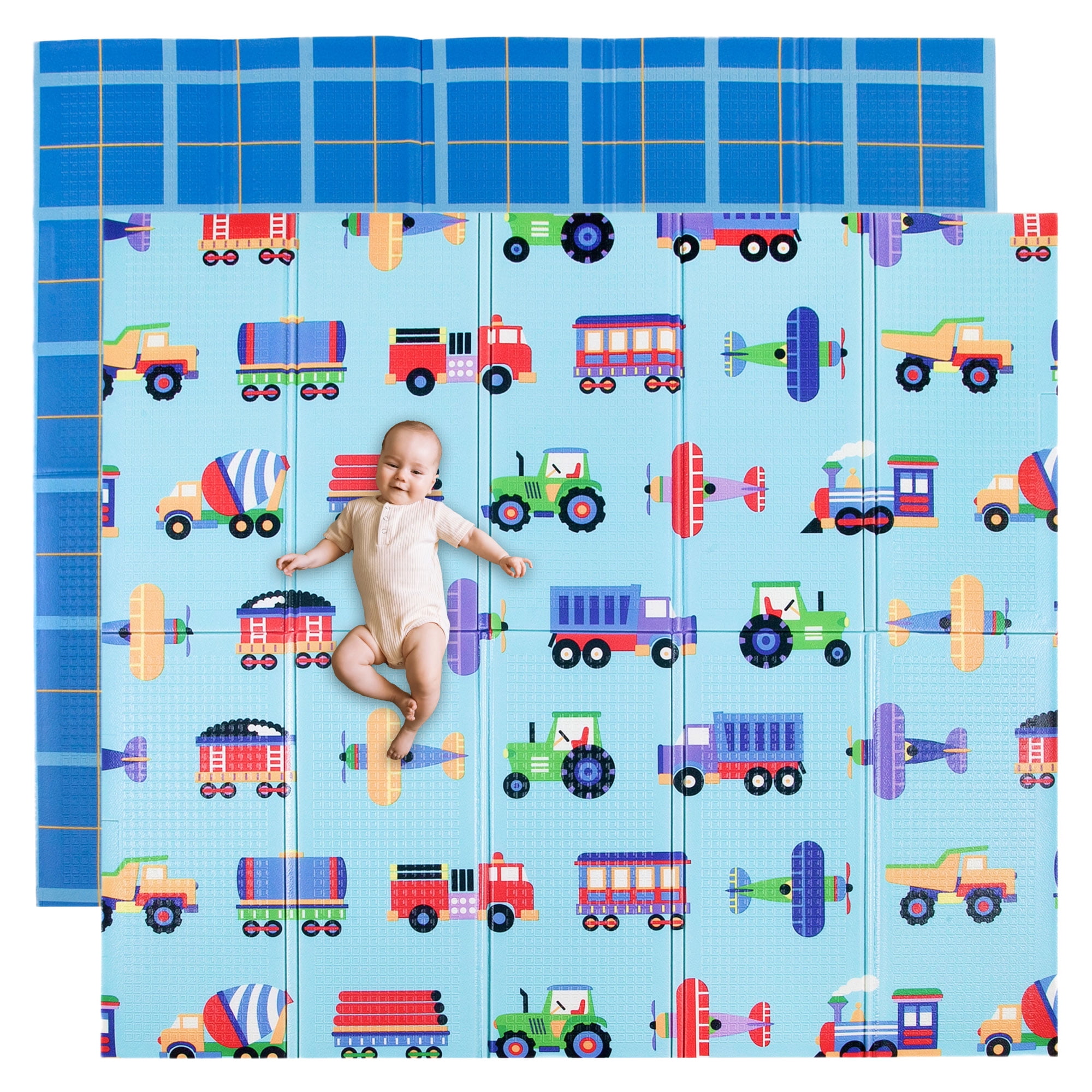 Wildkin Baby Play Mat - Large Folding Foam Play Mat for Infants, Babies, Toddlers, Waterproof, Double-sided (70" x 59") - Trains, Planes & Trucks