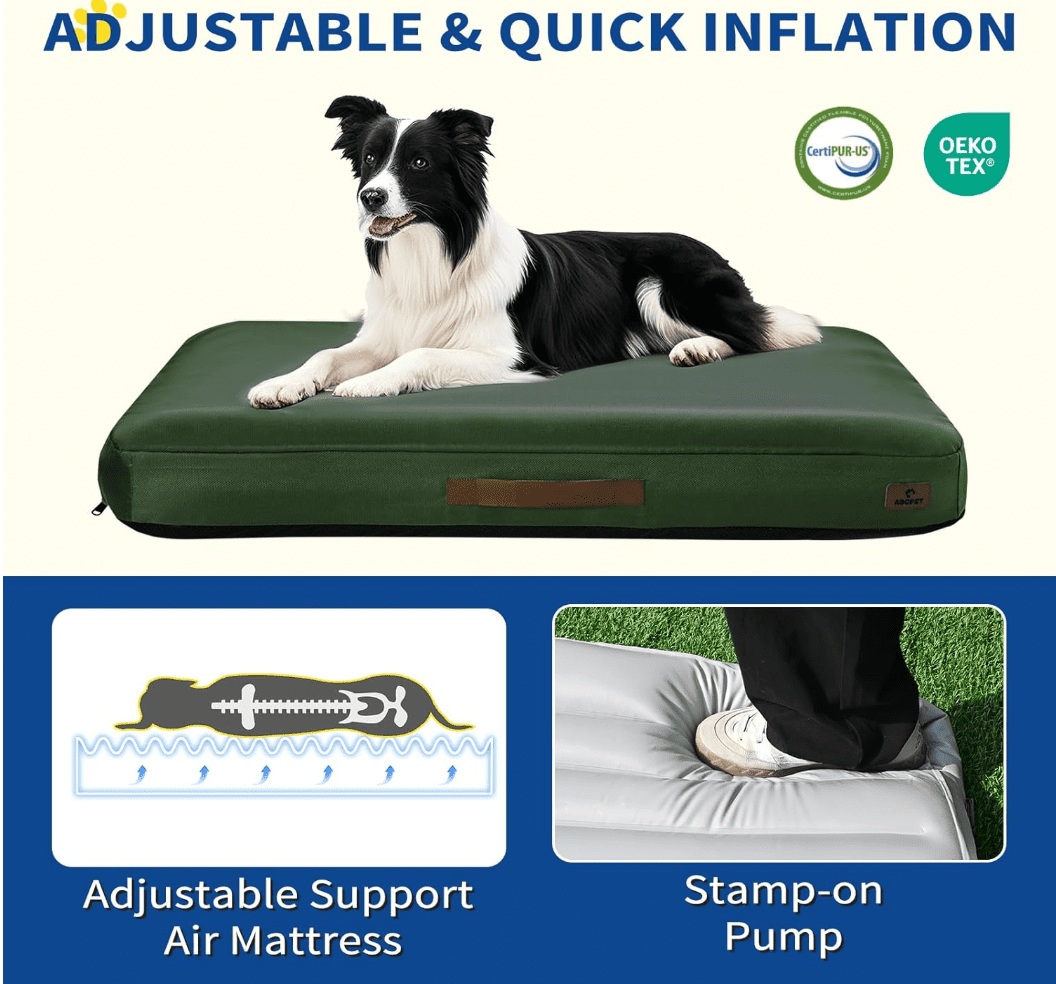 Outdoor Inflatable Dog Bed for Medium Dogs, Winter Outdoor Travel Dogs Met with Removeable Cover, Inflated Dog Bed Waterproof Summer Pet Mat with Anti-Slip Bottom, Army Green, 41x28 inch