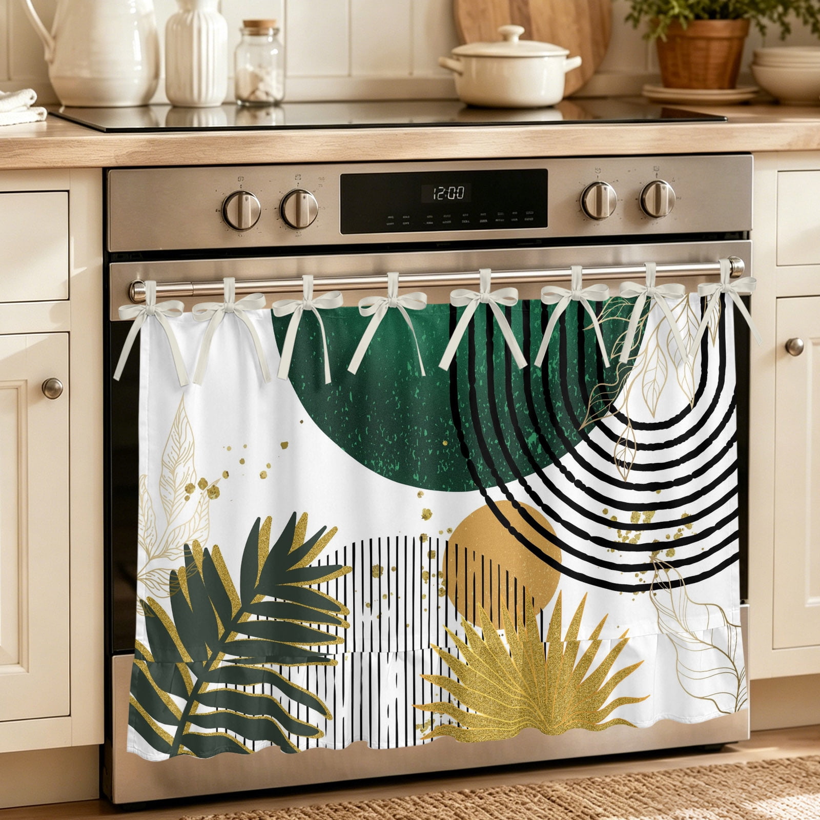 Green Yellow Boho Oven Curtain with Tie Top Oven Skirt Curtain for Kitchen Modern Abstract Geometric Under OvenCover Panel for Dust & Grease Protection Apartment RV Cabinet Curtains 27 x20