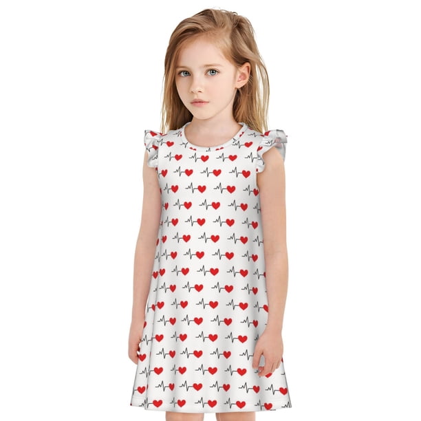 Fotbe Heartbeat Symbol Vestido de Dormir para Niñas de 3 a 10 Años, Mangas Cortas, Estilo Princesa, Pijama Camisón con Mangas Voladas-XX-Large