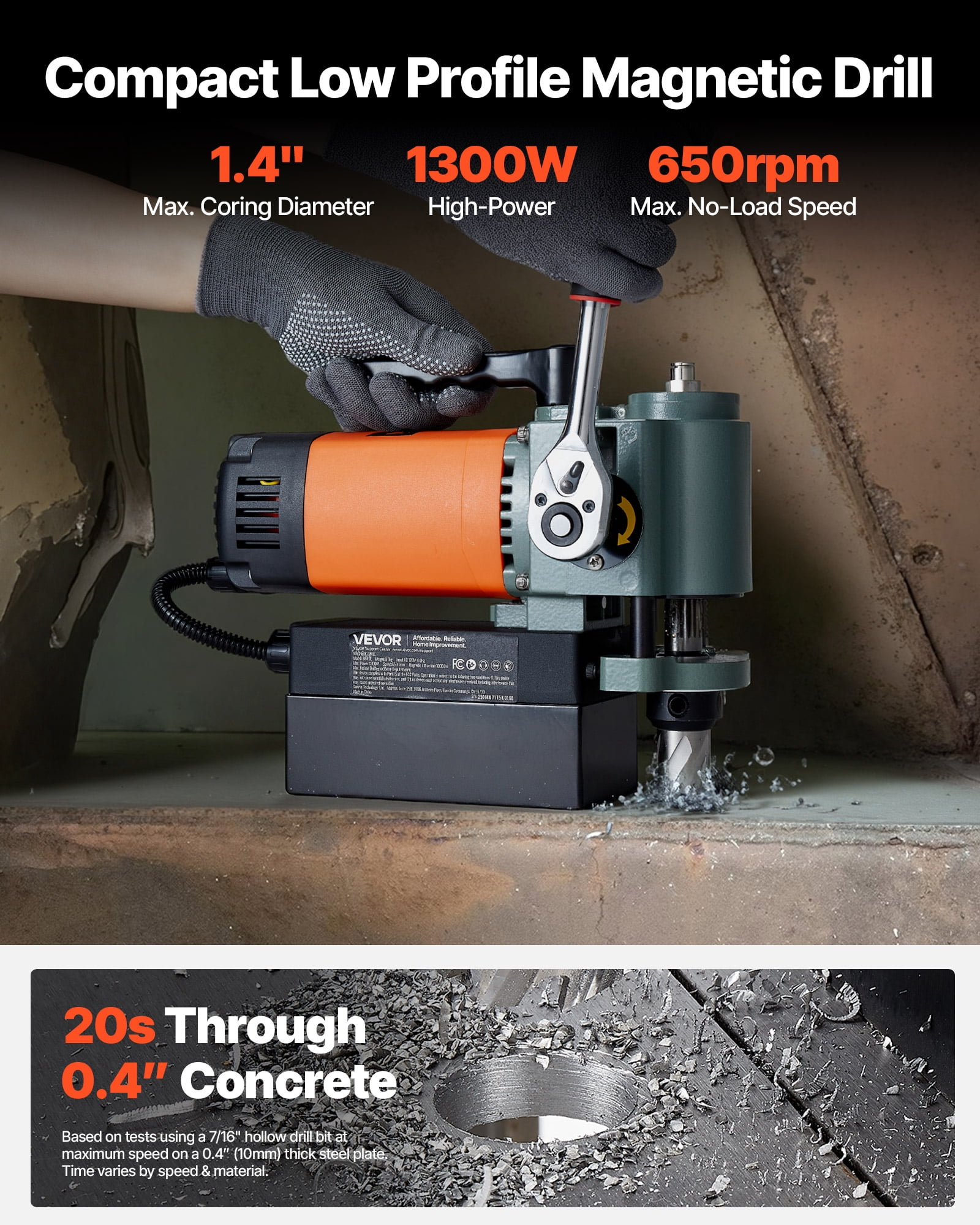 VEVOR Low Profile Magnetic Drill Press, 1300 W, 1.4 in Boring Diameter, 2248 lbf Power Portable Mag Drill Press, 650RPM Speed, with Weldon Shank, for Metal Surface, Industrial and Home Improvement