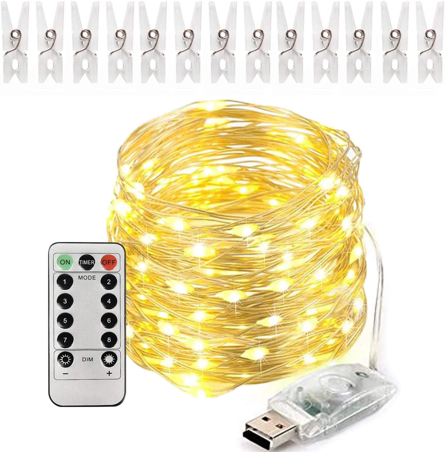 Fairy String Lights with Remote , 33FT 100 LEDs String Lights , USB Plug Powered 8 Modes Fairy Lights, for Chirstmas, Weddings, Parties, Wall Decorations (Warm White)