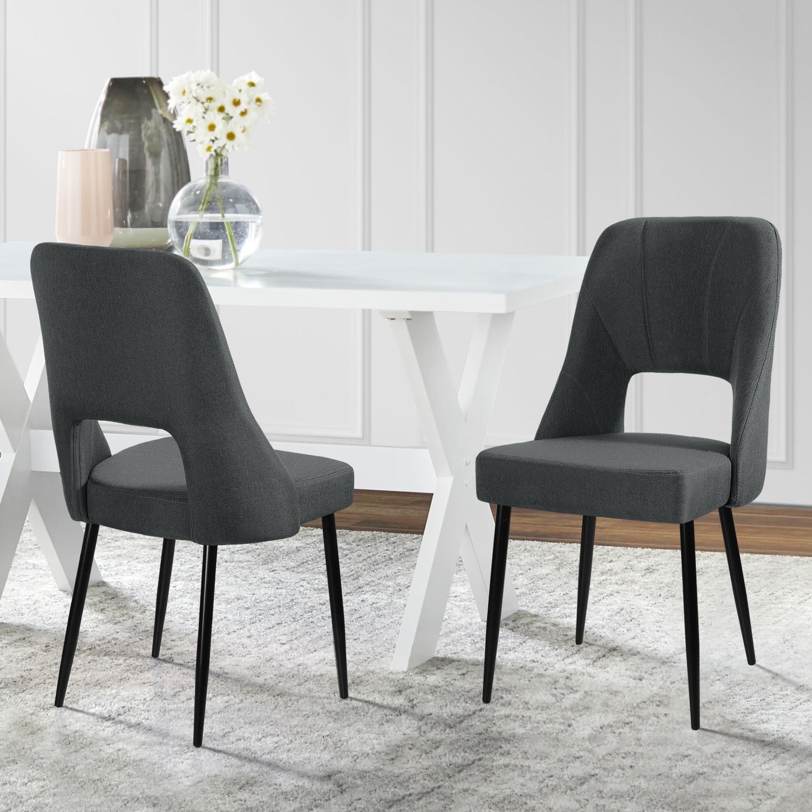 Linen Upholstered Dining Chairs Set of 2 Mid Century Modern Dining Room