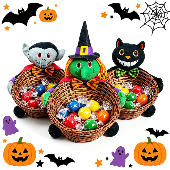 Lksixu Halloween Candy Cookies Storage Basket, Hand Woven Rattan Basket with Witch Design, Large Capacity Fruit Snack Containers, Halloween Decorative Serving Bowls for Party Wedding Holiday
