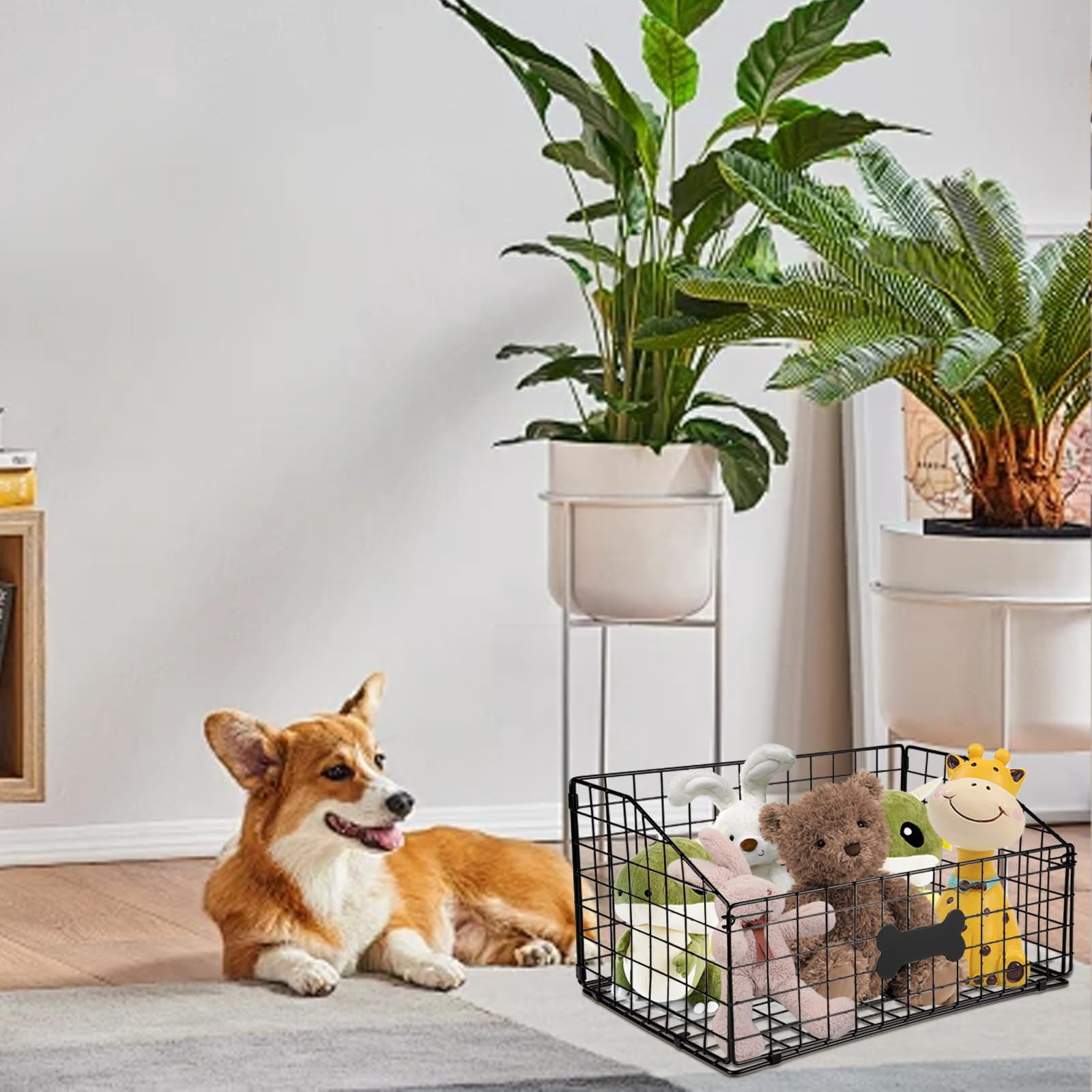 Black Metal Dog Storage Basket For Pet Toys, Food And Living Room Organization