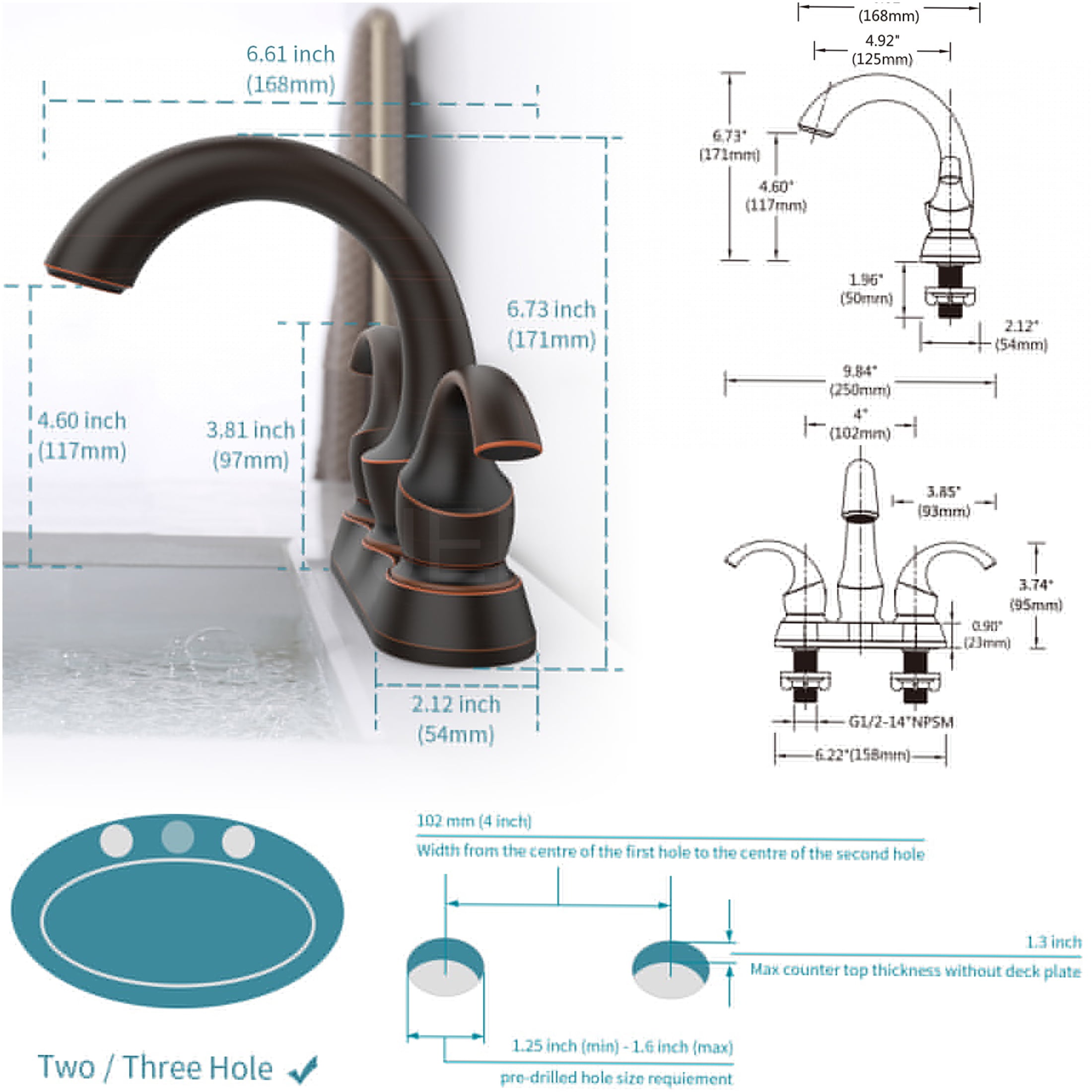 JERFIT 4-inch Centerset Bathroom Faucet 2-Handle Deck Mount in Oil Rubbed Bronze with Pop-Up Drain, Swan Spout, Water-Saving Aerator for Vanity Sink