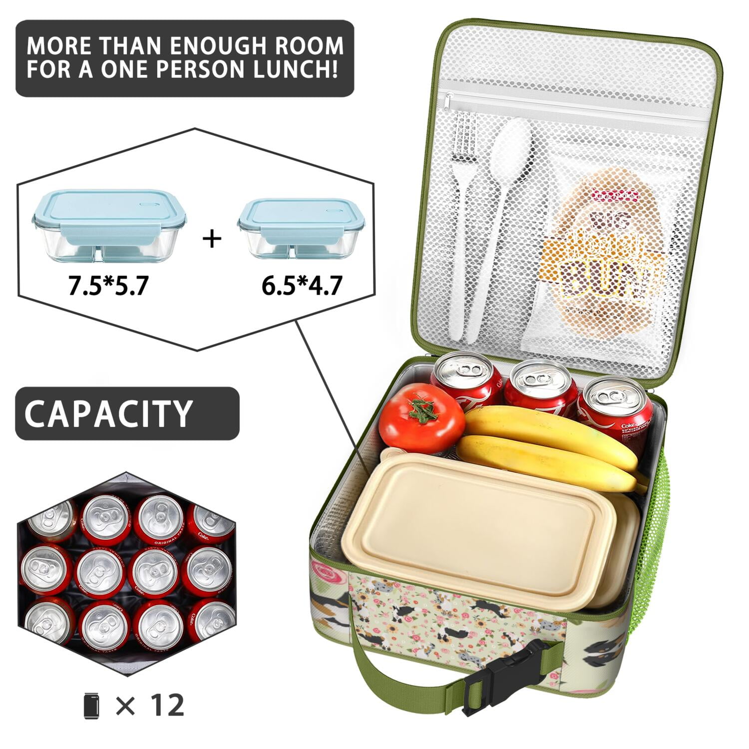 Funny Dog Illustration Lunch Box, Cartoon Puppy Print Insulated Cooler Bag, Adorable Pet Lover Tote for Office, Hiking, Travel, School