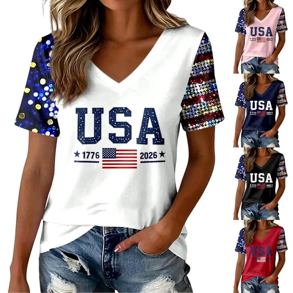 Womens 250Th Anniversary Usa Shirt Women's Casual V Neck Short Sleeve Tee Independence Day Print Women Tshirts Black L
