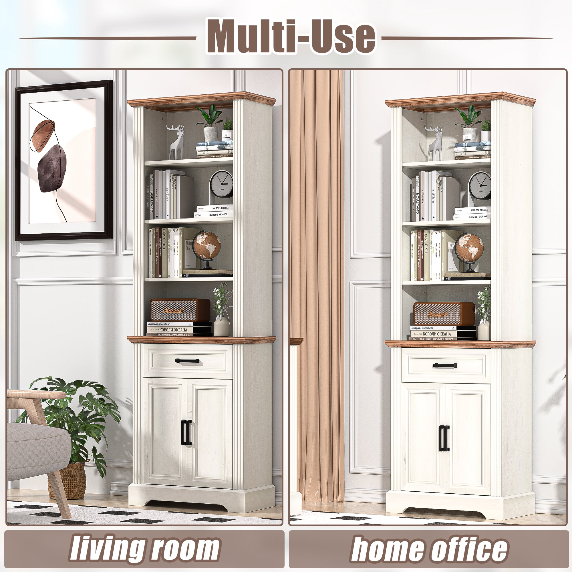HARIPUL 72" Tall Bookcase Floor Standing with Drawer and Door, 6 Tier Wooden Storage Bookshelf for Living Room Home Office, Antique White