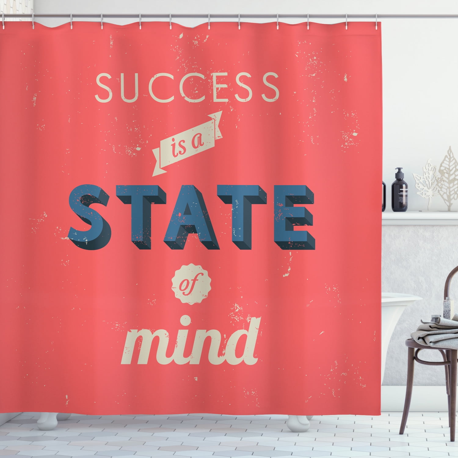Quote Shower Curtain, "Success is A State of Mind" in Retro Style Theme
