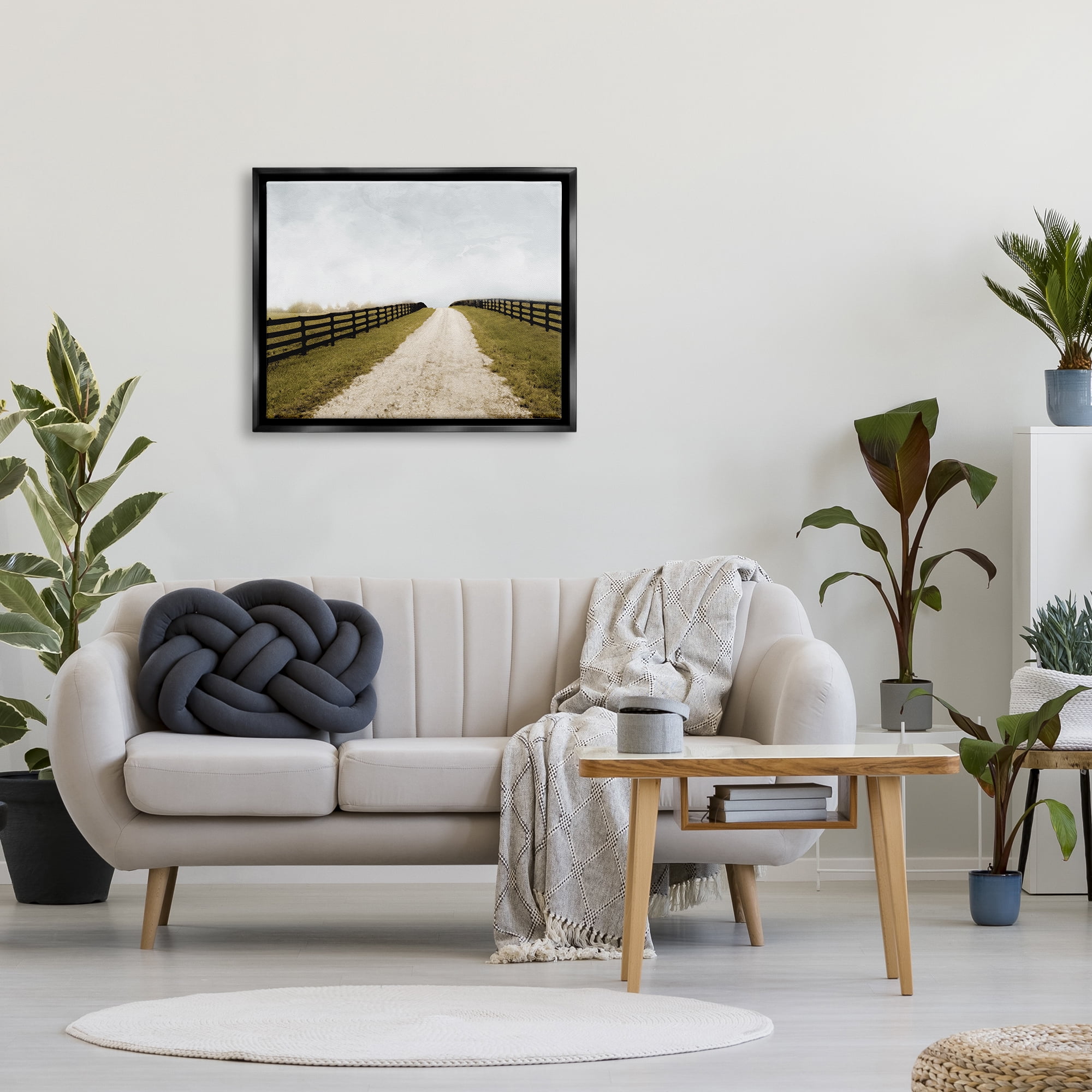 Stupell Industries Farmland Path with Fence Landscape Painting Black Floater Framed Canvas Art Print Wall Art, 31 x 25