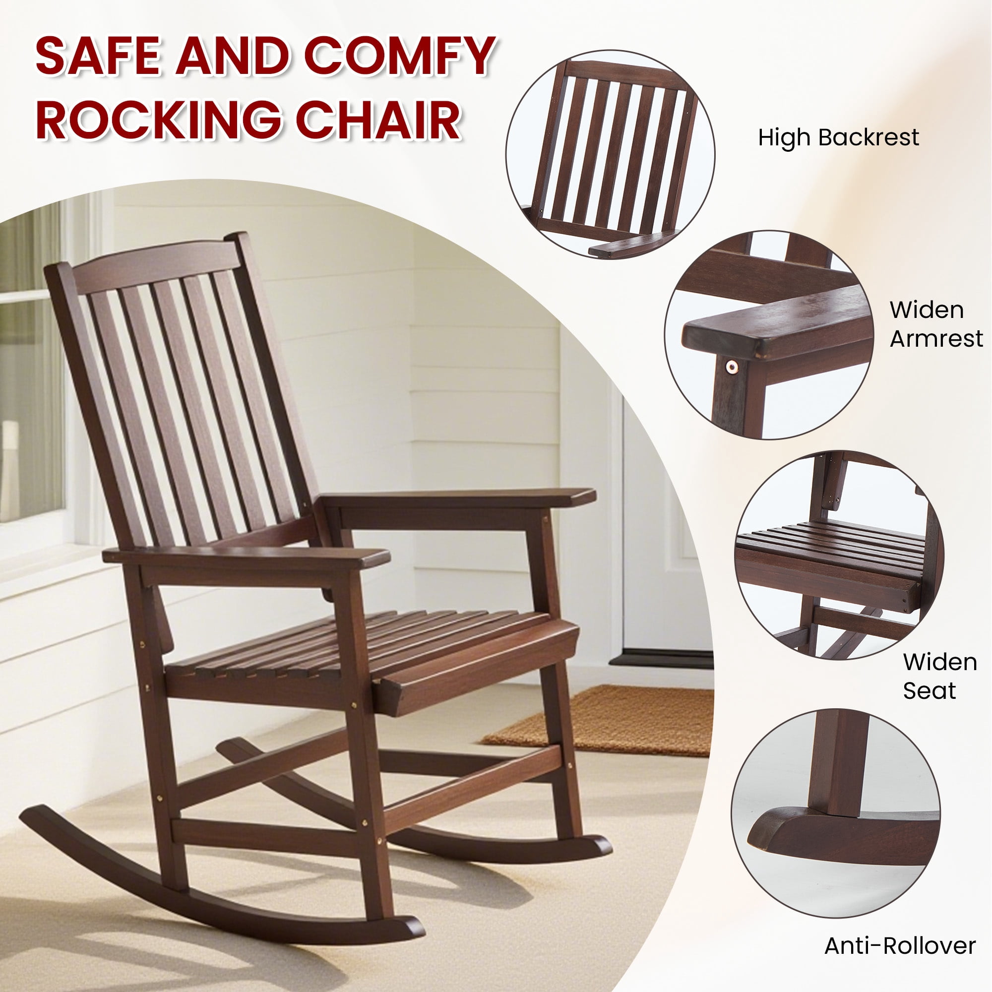 Easy4Home Acacia Wood Patio Rocking Chair Outdoor All Weather Resistant Porch Rocker, Dark Brown