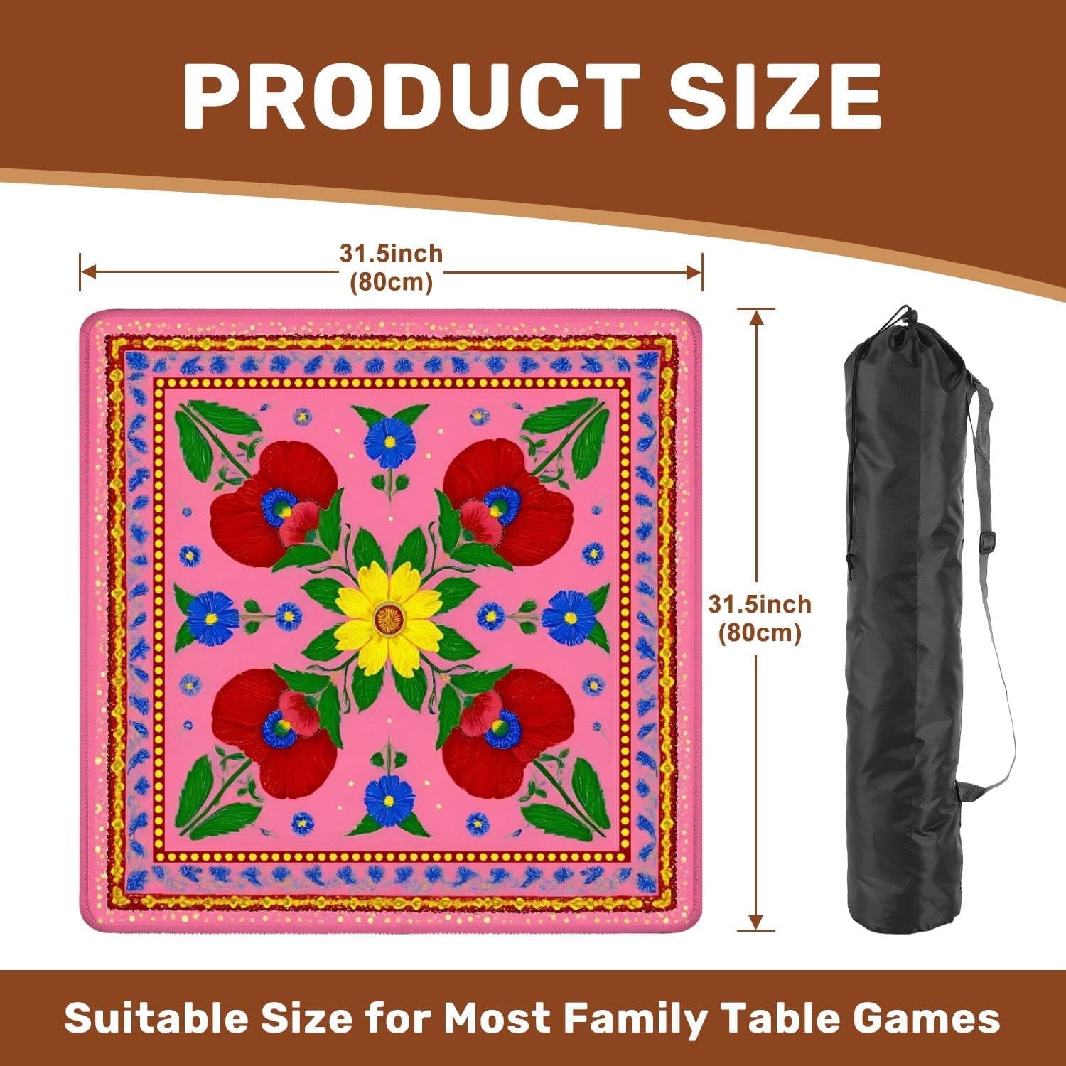 Mahjong Mat 31.5" x 31.5" Bright Floral Red Yellow Daisy Pink Non-Slip Noise Reduction Mahjong Tiles Table Cover for Dominoes Poker Card Board and Tile Games Gift