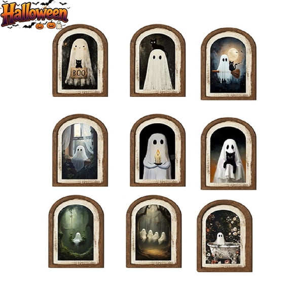 Qocolcyl Halloween Ghost Wooden Double Layer Arch Frame Sign, Vintage Spooky Ghost Tabletop Ornament Wall Hanging Decor, Indoor Outdoor Farmhouse Fall Thanksgiving Home Party Mantel Shelf Decorations