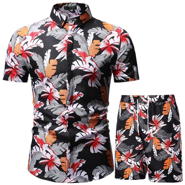 xiaxaixu Men Beach Outfits Printed Lapel Button Down Shirt + Drawstring Shorts