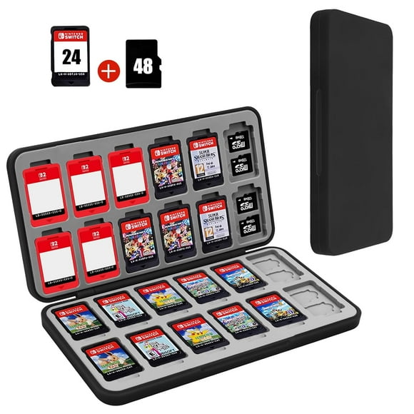 Nintendo Switch Game Case Holder for Switch 2 Cartridge Case with 24 Game Card Slots & 48 Micro SD Card Slots, Hard Shell, Silicone Lining Black
