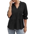 thumbnail image 1 of Blusa de media manga para mujer, cuello alto, cuello en V, camisa holgada de corte A, 1 of 8