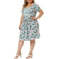thumbnail image 4 of GRACE & GRANDEUR Women's Plus Size Crew Neck Short Sleeves Floral Pleated Summer Midi Dress 2X Pink Green, 4 of 6