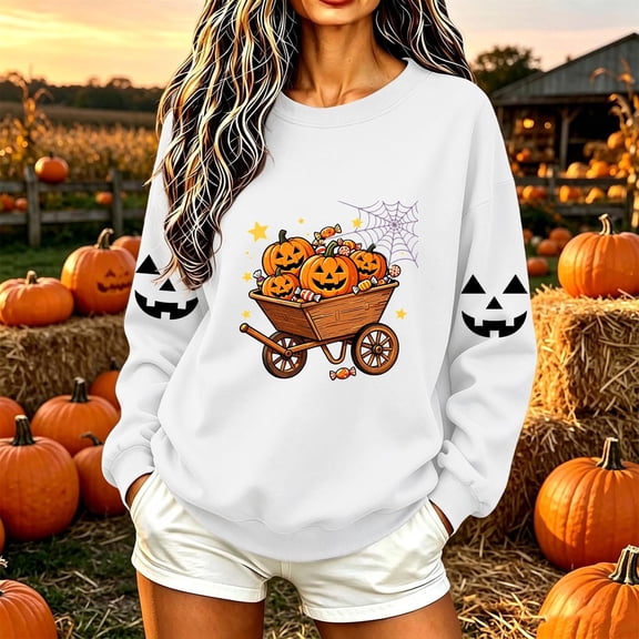 Women's Fall Clothes Sweatshirt Halloween Graphic Pullover Tops Crewneck Long Sleeve Casual Shirts Vintage Pumpkin Print Outerwear for Festival Party