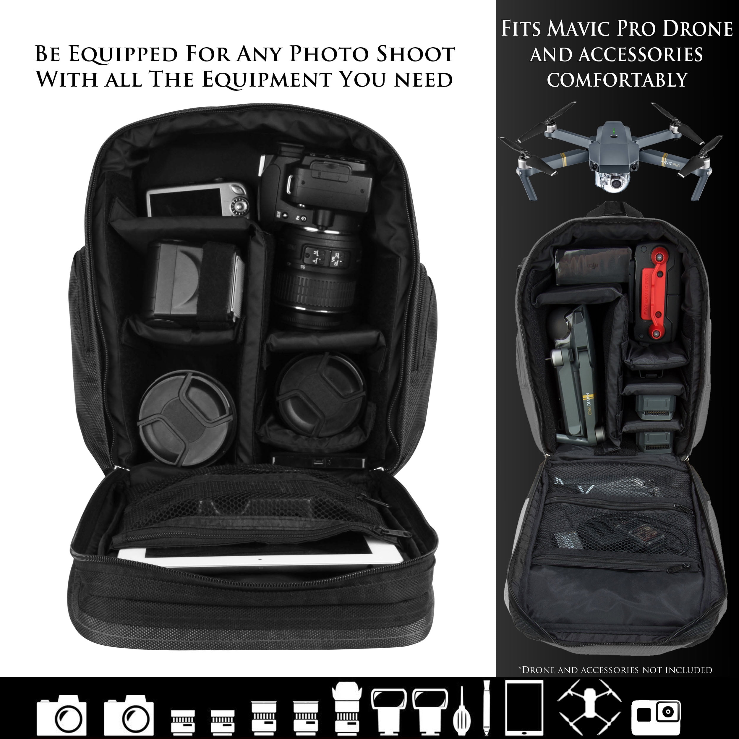Sporty Outdoor Nylon Backpack Bag for DSLR Compact Cameras, Drones, Camcorders, Sports Action Camers, And Portable Printer Organizers (Black)