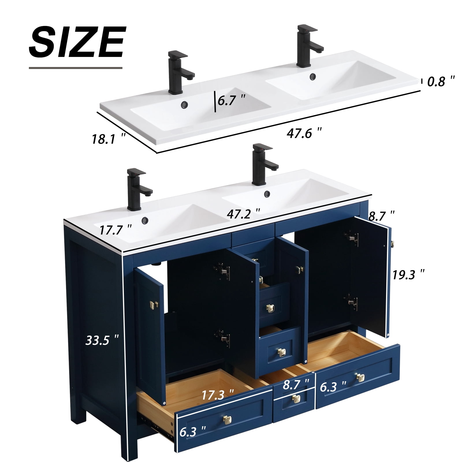 Eclife 48" Freestanding Bathroom Vanity Set with Resin Double Sink Top, PU Paint, Water Saving Faucet, Navy Blue