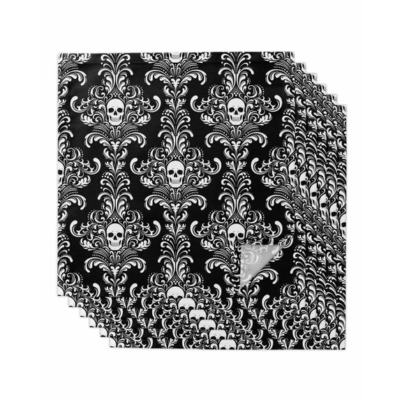 Horrible Skull Cloth Napkins Set of 6 Reusable Dinner Napkins, Halloween Black Flowers Skeleton Cocktail Napkin Washable Table Napkins for Wedding/Holiday Party/Baby Shower 20"x20"