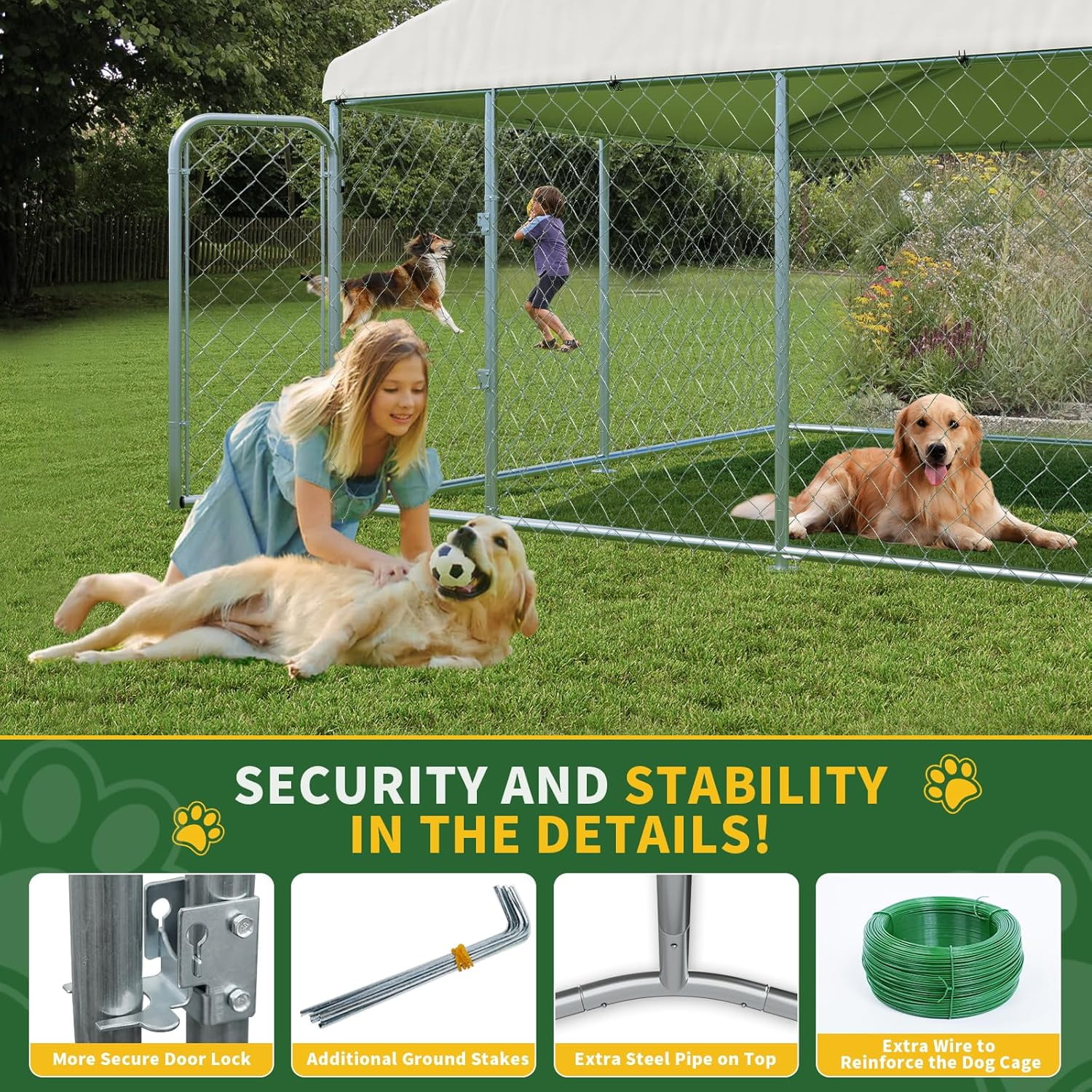 SELOOYE Outdoor Large Dog Kennel 10 x 10 FT, Heavy Duty Dog Enclosure with UV & Rain-Proof Fully Covered Roof, Rustproof Metal Mesh, Double Security Locks