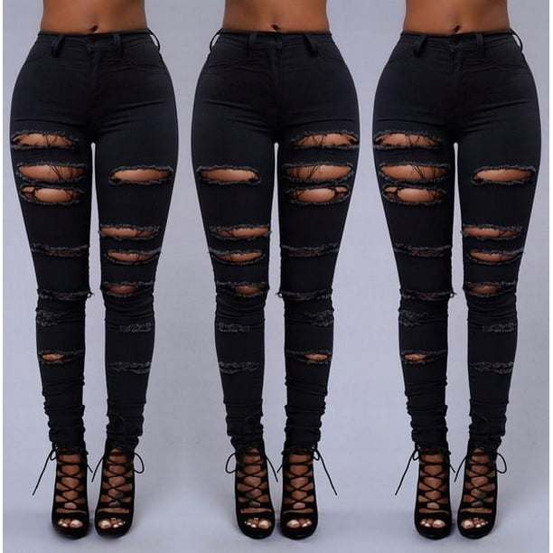 Woman Denim High Waist Skinny Jeans Distressed Jeggings Trousers Stretch  Ripped Hole denim pants 