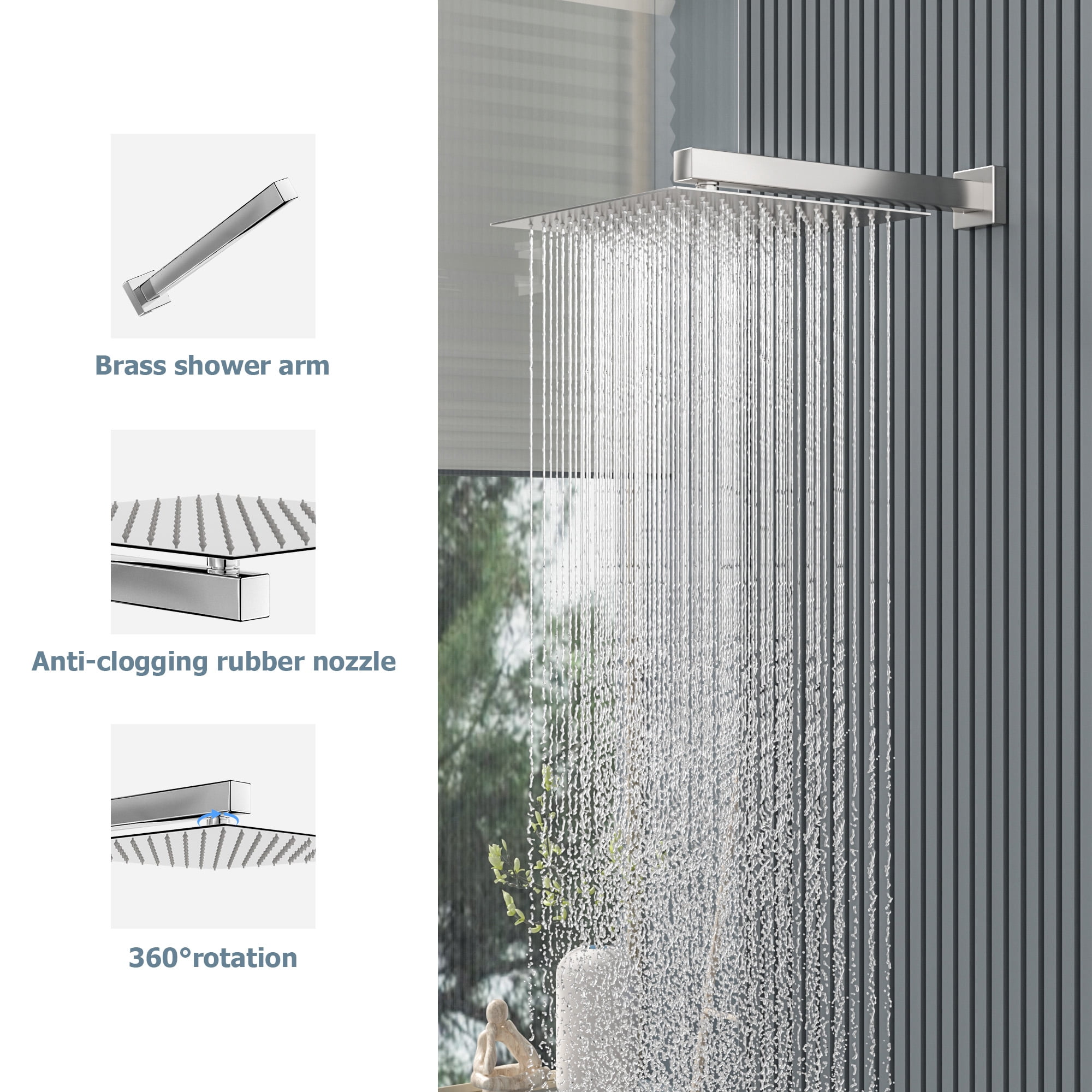 10" Sliver Rain Shower Head Stainless Steel with Fixed Shower Arm Adjustable Shower Head