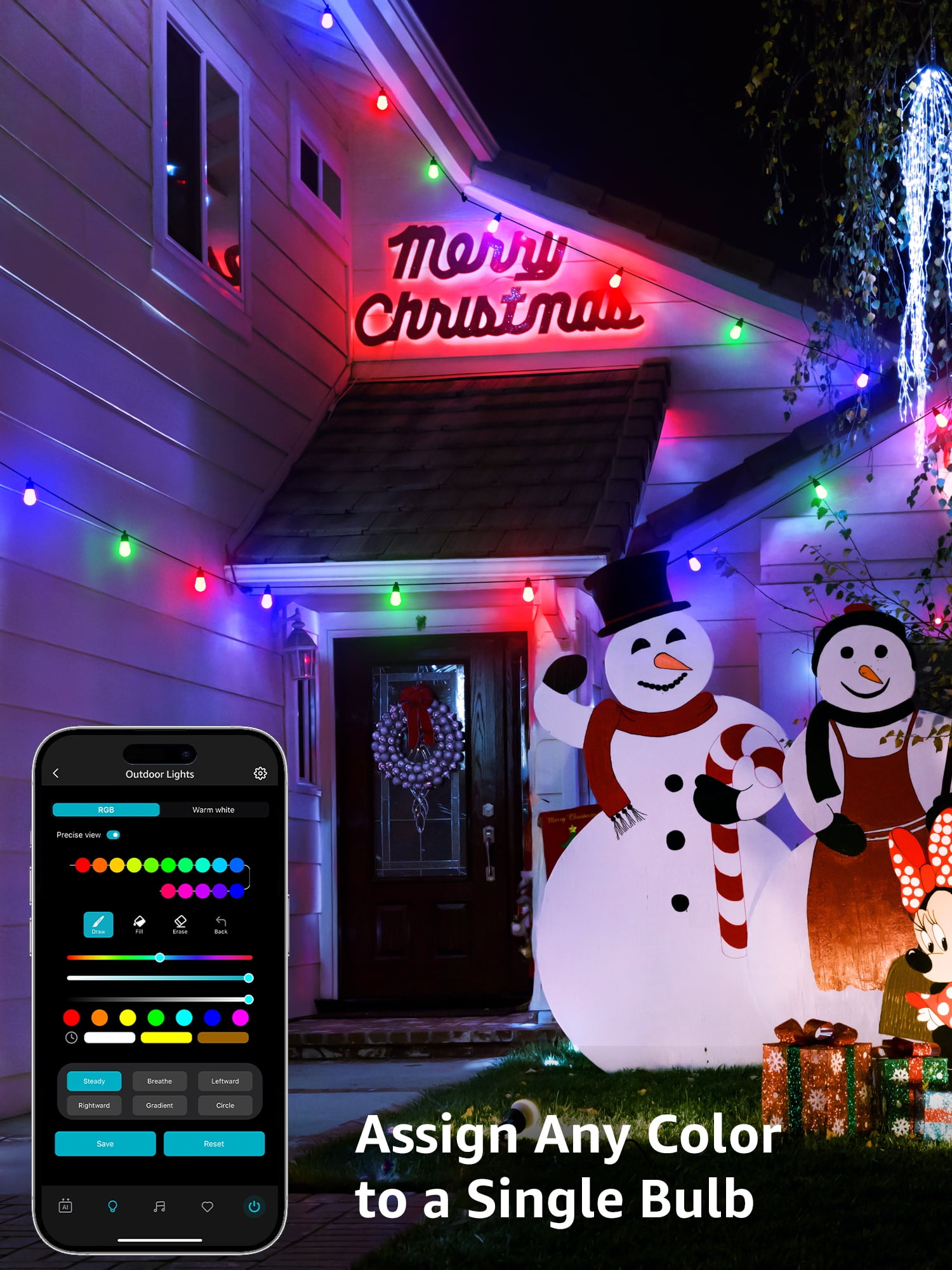 Lepro ZB1 AI Smart Outdoor String Lights ZB1, 54(42+12)ft RGB+IC Warm White 15 LED Bulbs, Alexa Google Enabled, LightBeats Music Sync, AI Generated Lighting LLM, 2.4 GHz WiFi/Bluetooth