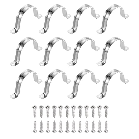 Uxcell 12Pcs 63mm(2-1/2")304 Stainless Steel Rigid Pipe Strap, Two Hole Strap U Bracket Heavy Duty Pipe Conduit Clamp with Self-Tapping Screws for Hose Wire Installation, Silver