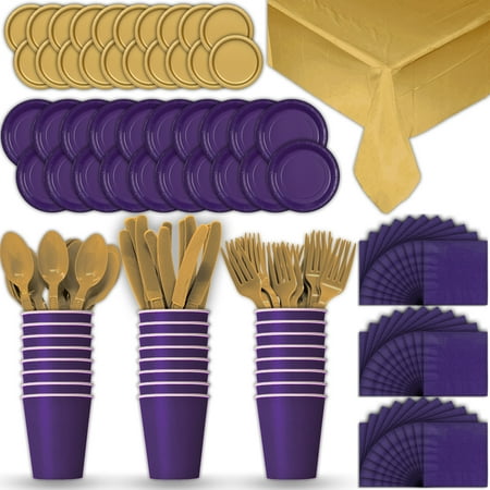 Gold Dinner Knife - Paper Tableware Set for 24 - Purple & Gold - Dinner and Dessert Plates, Cups, Napkins, Cutlery (Spoons, Forks, Knives), and Tablecloths - Full Two-Tone Party Supplies Pack