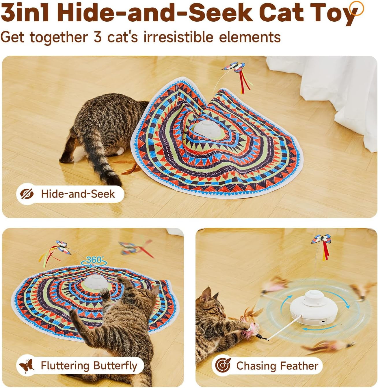 Cat Toys Chargeable, 3in1 Hide and Seek, Automatic Interactive Fun, Fluttering Butterfly, Moving Feather, Kitten Wand, Indoor Kitty Exercise Kicker 22.8 Inch Cover for All Breeds