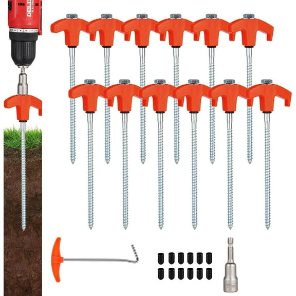 12 Pack Screw in Tent Stakes Heavy Duty,8 Inch Ground Anchors Screw in,Metal Stakes with Hex Head Driver,Camping Tent Accessories.(Orange)