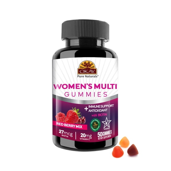 Okay Pure Naturals Multivitamin Gummies with Vitamin C and Biotin, Daily Multivitamin for Women, Red Berry Mix Flavor, 50 Count