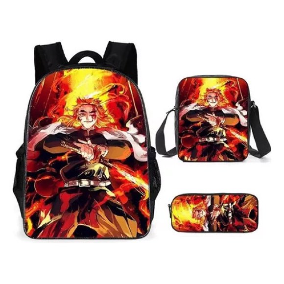 Mochila Dem@@2on Slayer, juego de 3 piezas: mochila para portátil con estuche para lápices y bolsa para el almuerzo.