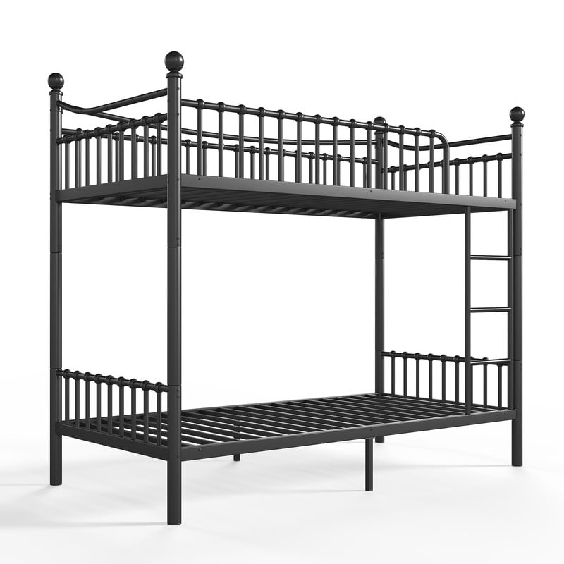 Twin XL over Twin XL Metal Bunk Bed with Curved Guardrail, Round Tube Bedpost Detachable Bed Frame for Kids, Teens & Adults