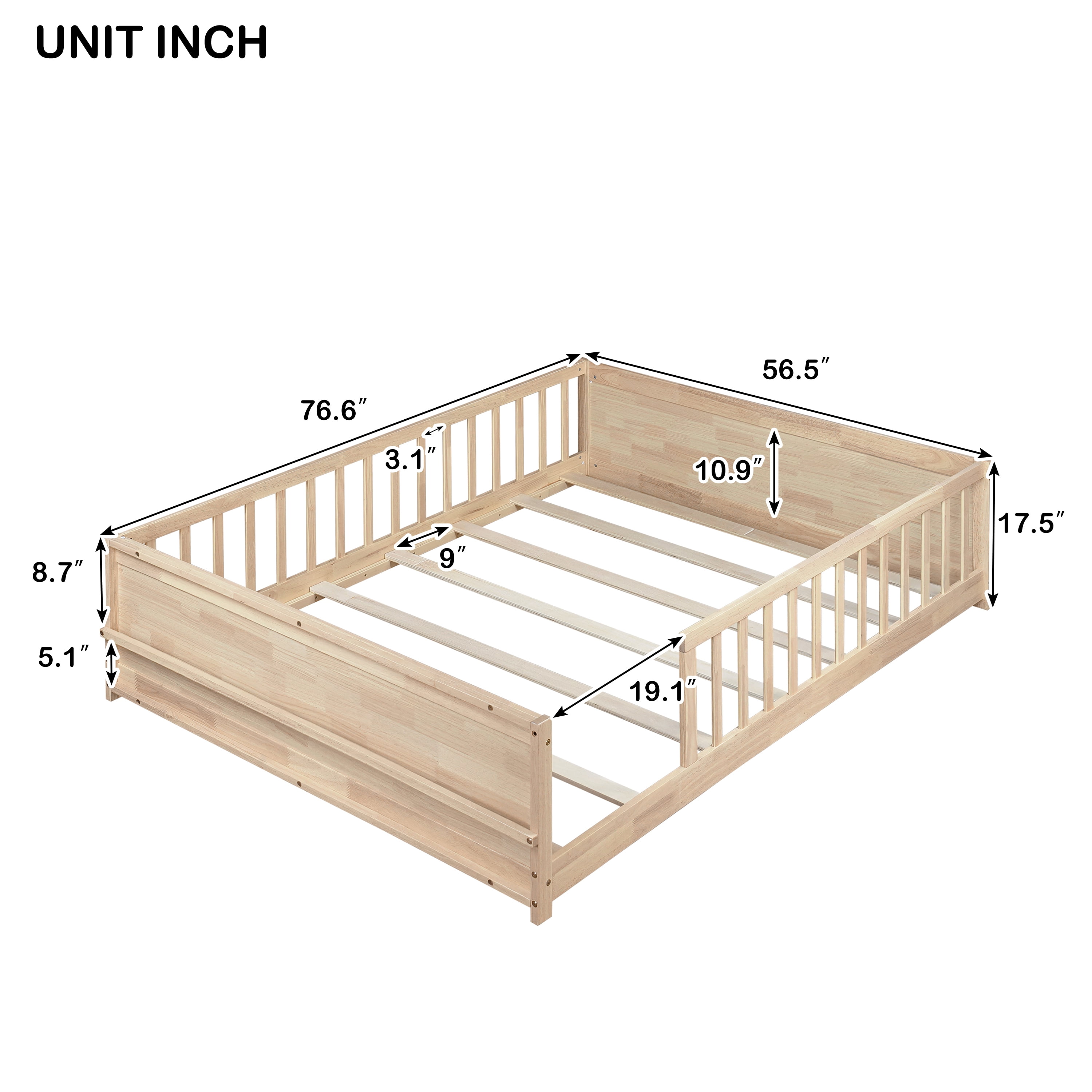 Miniyam Full Size Kids Floor Bed with Guardrails and Bookshelf, Wooden Low Profile Bed, Natural