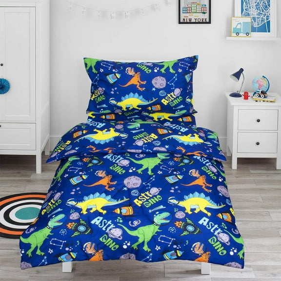 Toddler Bedding Sets for Boys Dinosaur Comforter Set with 42 X 58 Comforter Fitted Sheet and Reversible Pillowcase 3 Pieces Toddler Bed Sets for Boys Soft Kids Bedding Set Blue