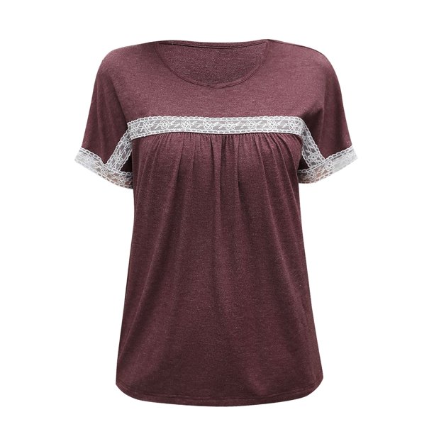 Gibobby Playera de Manga Corta con Cuello Redondo Camiseta manga corta informal cómoda con cuello redondo y empalme encaje hueco para mujer(Vino,XL)