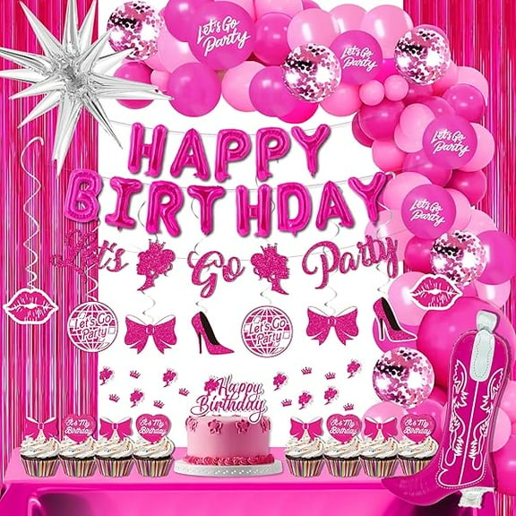 Birthday Party Decorations for girls-110PCS Hot Pink birthday Decorations,happy birthday foil balloons, Hanging Swirls, Hot Pink Balloon Garland Arch Kit