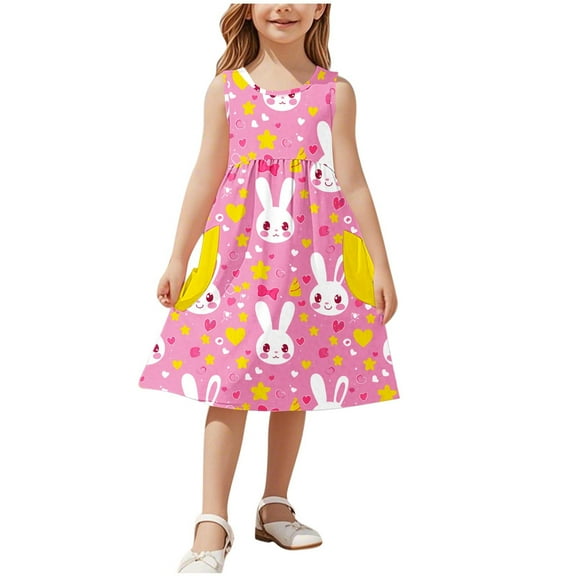 Edvintorg Girl's Casual Dresses Summer Loose Stretchy A Line Dress Cute Printed Crewneck Sleeveless Tank Sundresses with Pocket Beach Vacation Clothes 3-14 Years
