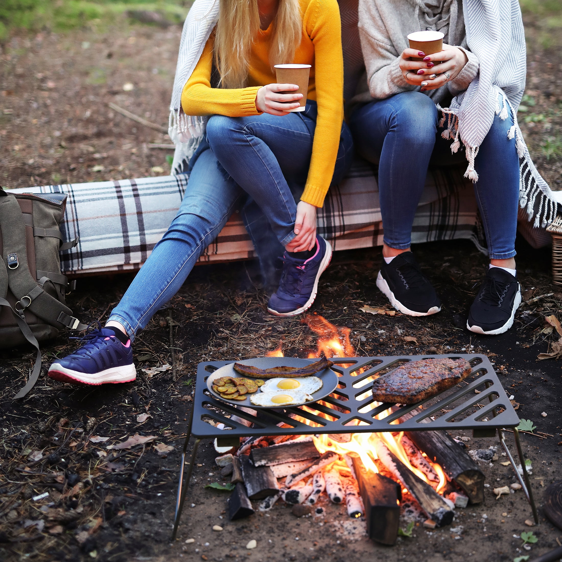 Ozark Trail Pre-Seasoned Cast Iron Grill Grate with Grid Rack for Campfire and Outdoor Grilling