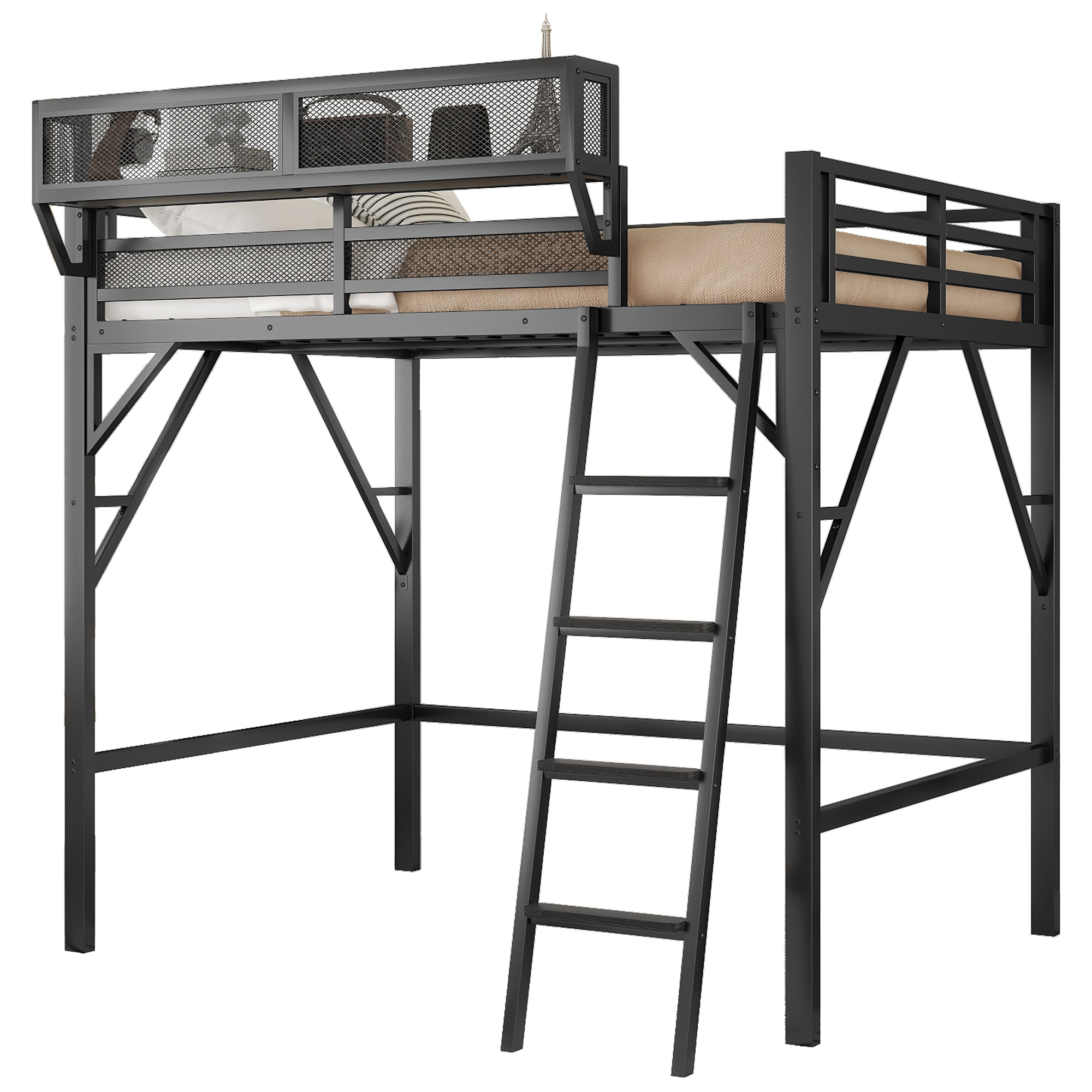 Full Size Loft Bed with Ladder, Metal Loft Bed with Storage Shelves, High Loft Bed for Kids Teens, Black