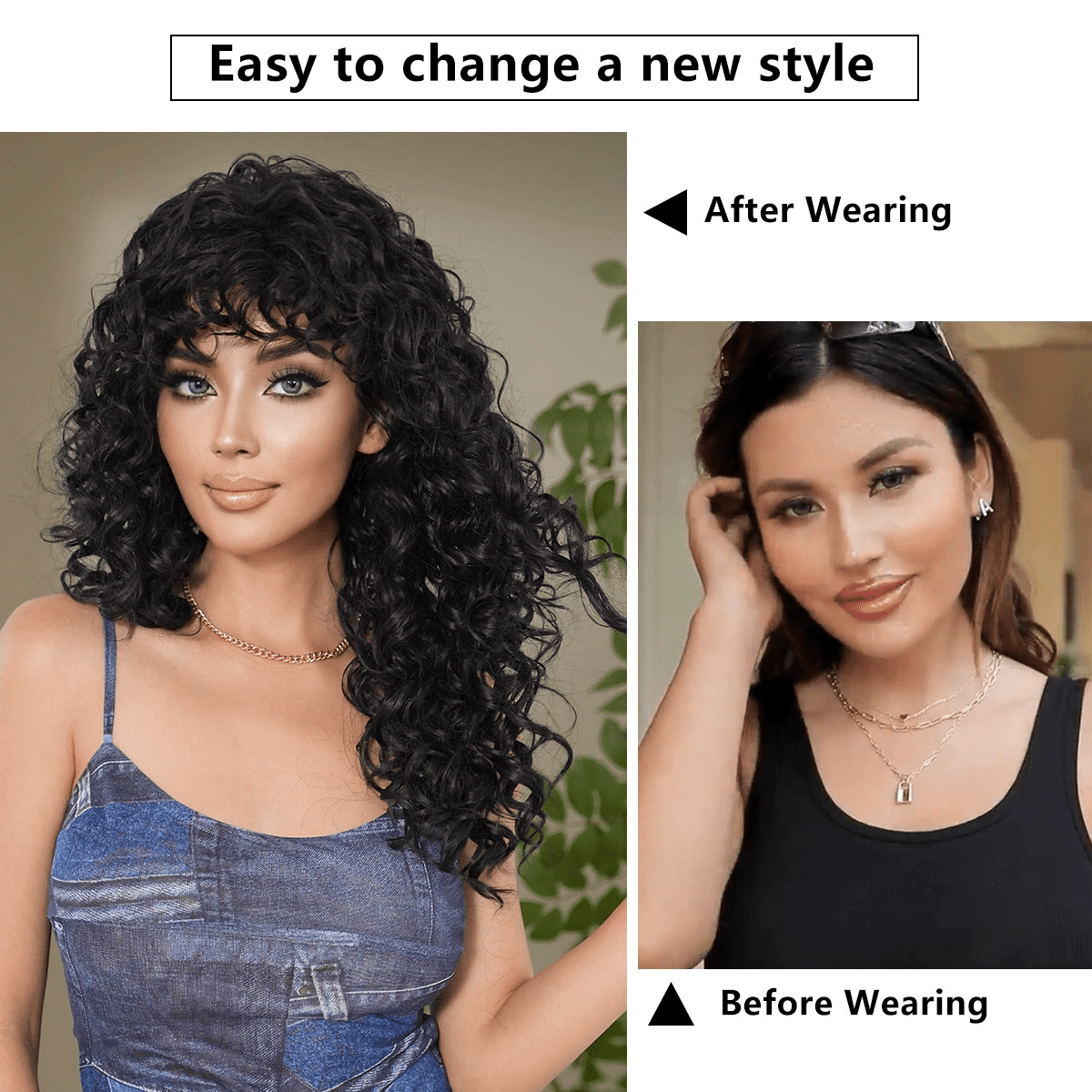 PEAKIN Fashion Women's Black Long Wig 24 inch Kinky Curly Deep Wave Hair with Bangs Wigs